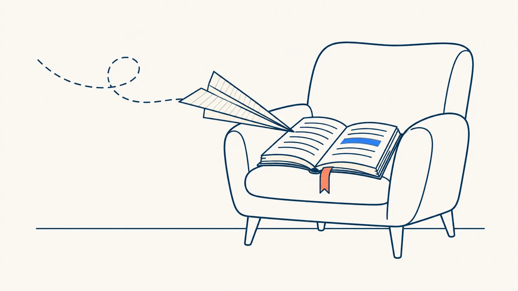 Illustration: a paper aeroplane made of a page gliding onto an open book on an armchair.