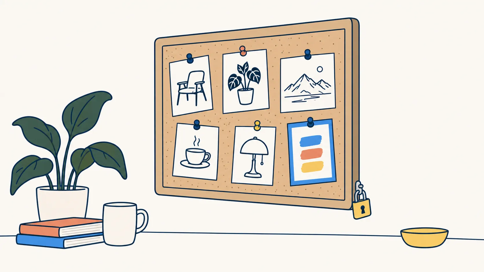Illustration: a cork board of pinned sketches with a small padlock hanging from its corner.
