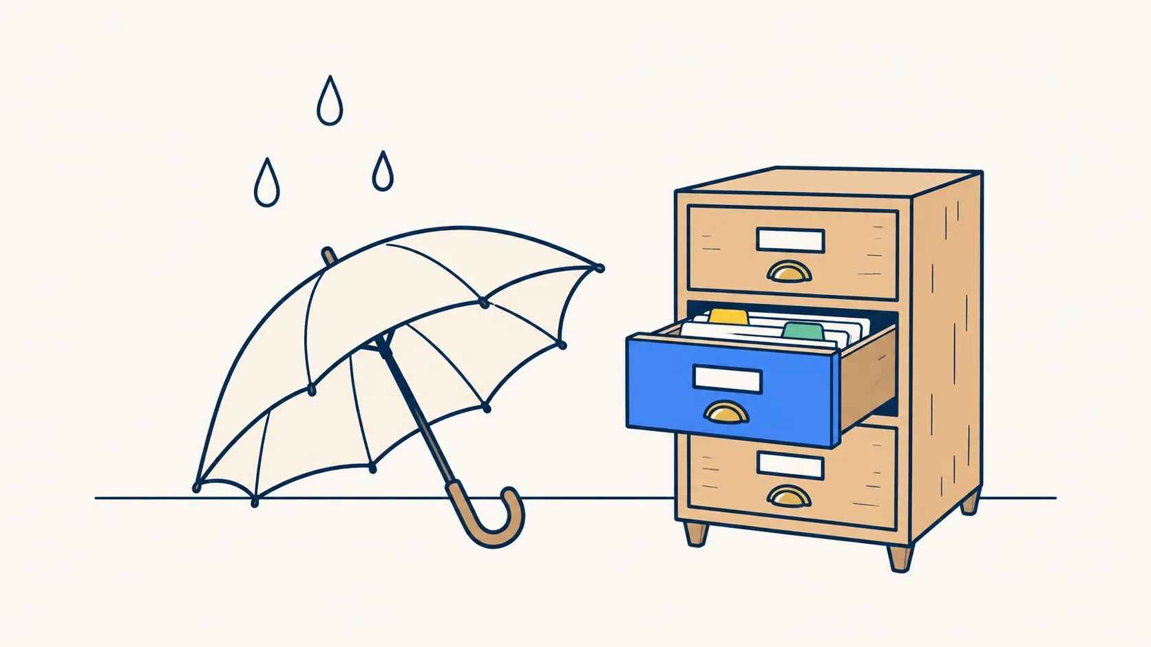Illustration: an umbrella beside a wooden card cabinet with one tidy drawer pulled open.