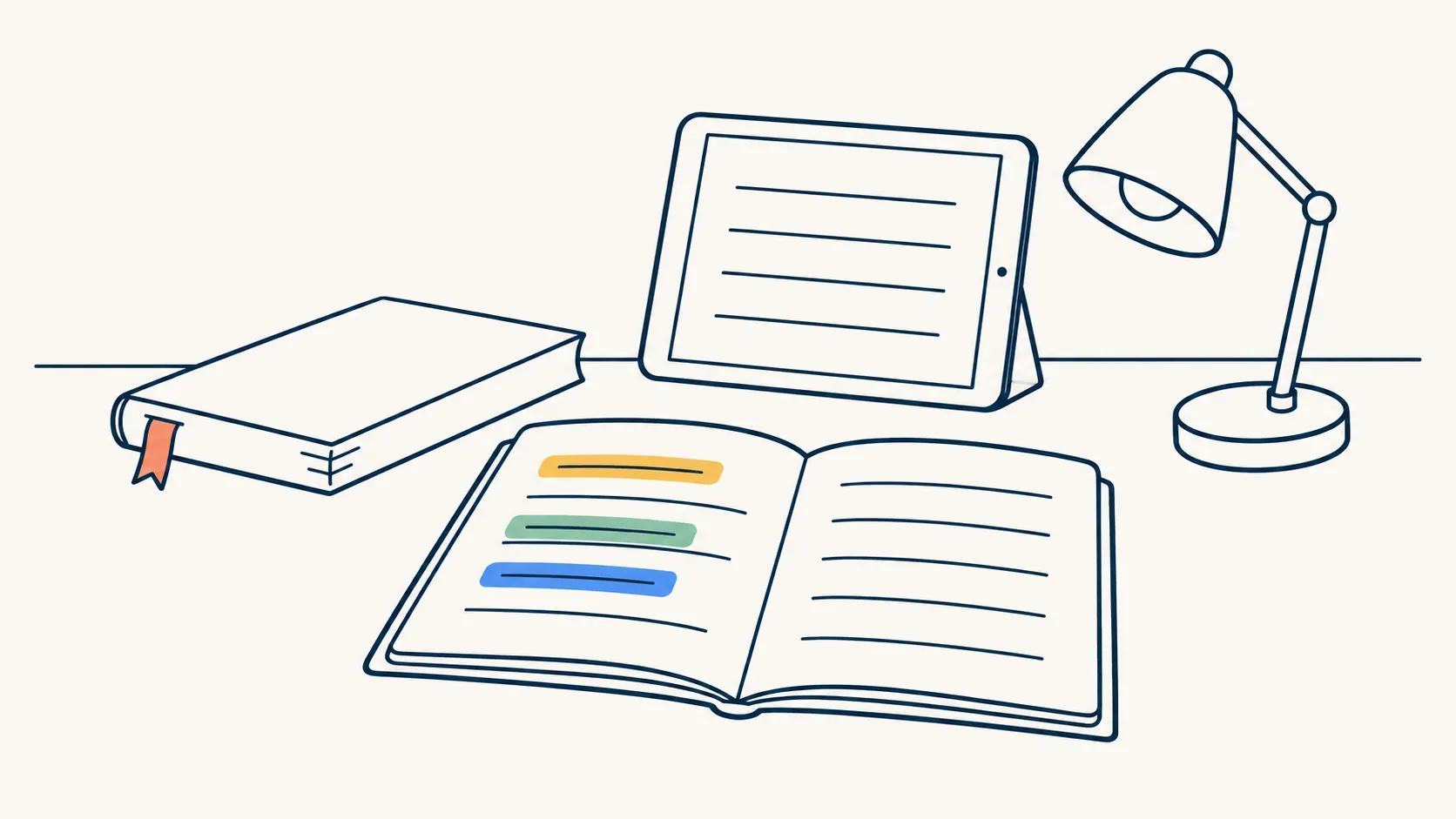 Illustration: a tidy reading desk with an open notebook of coloured highlights, a book, a tablet and a lamp.