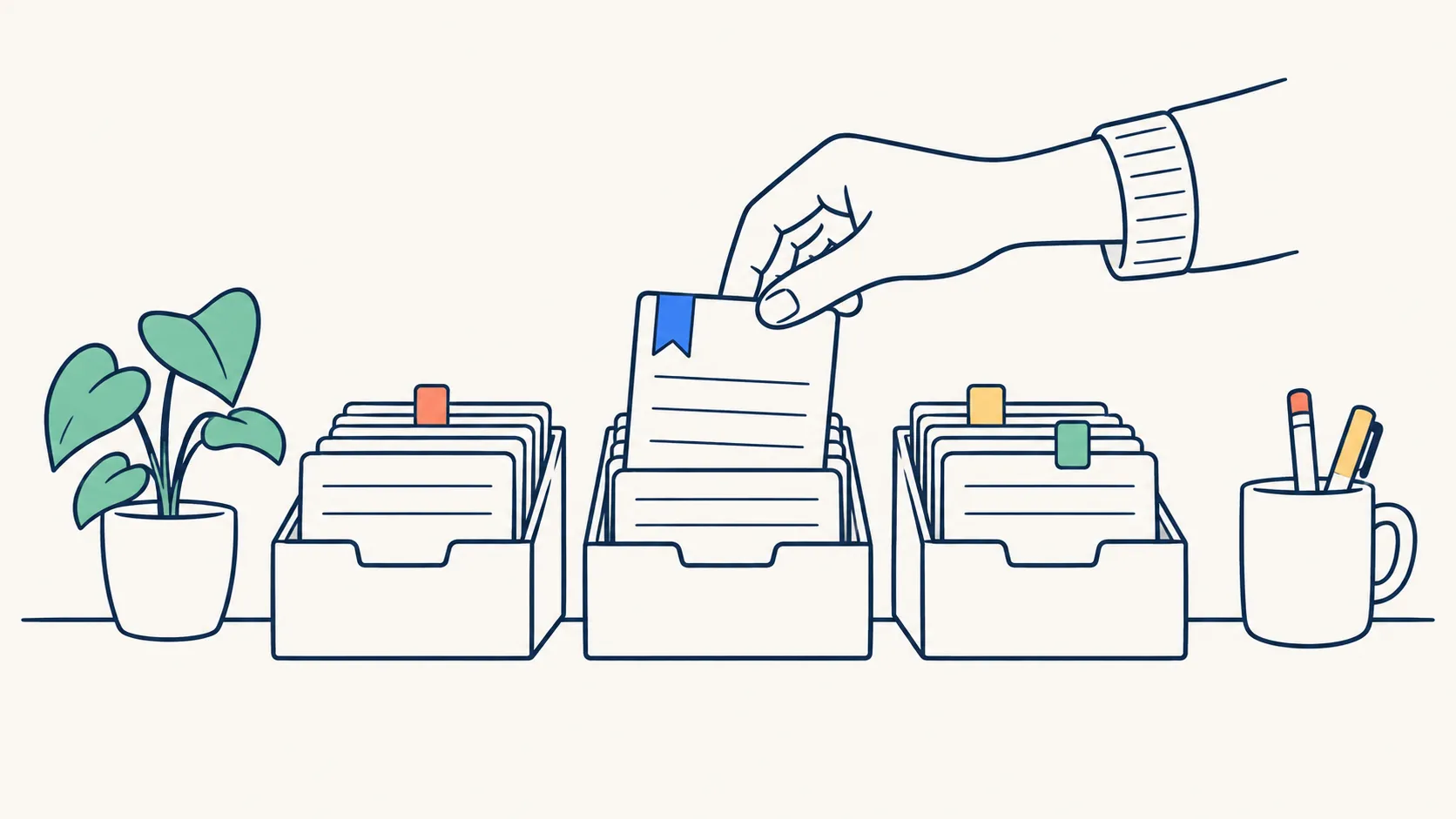 Illustration: a hand filing a card with a blue bookmark ribbon into one of three tidy card trays.