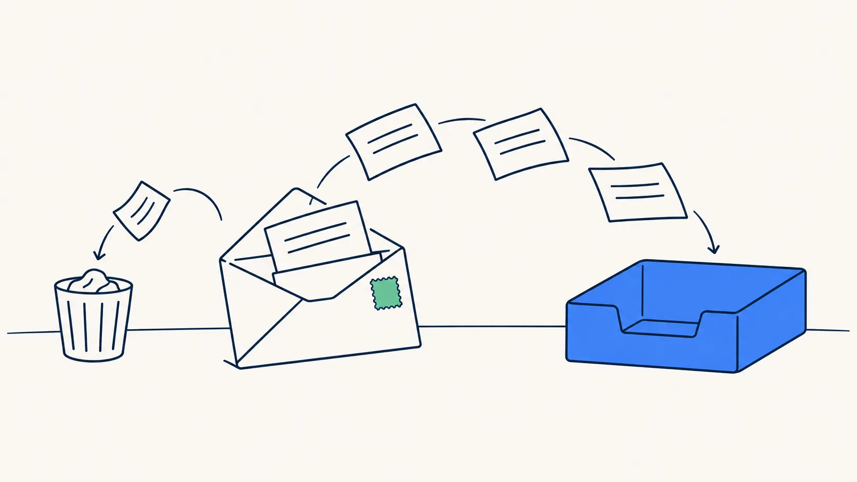 Illustration: links rising out of an open envelope into a blue inbox tray, with one scrap dropping into a bin.