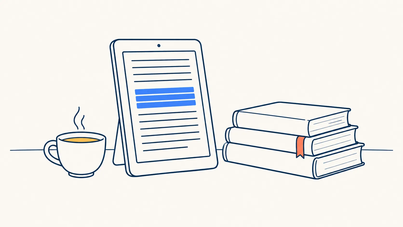 Illustration: an e-reader on a stand showing a highlighted passage, beside a stack of books and a cup of tea.