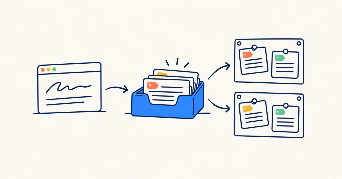 Saving a page with a one-line note, landing in an inbox, then rules filing links onto boards