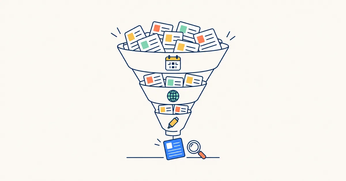 A funnel narrows a pile of saved article cards by date, site and highlights down to one card.