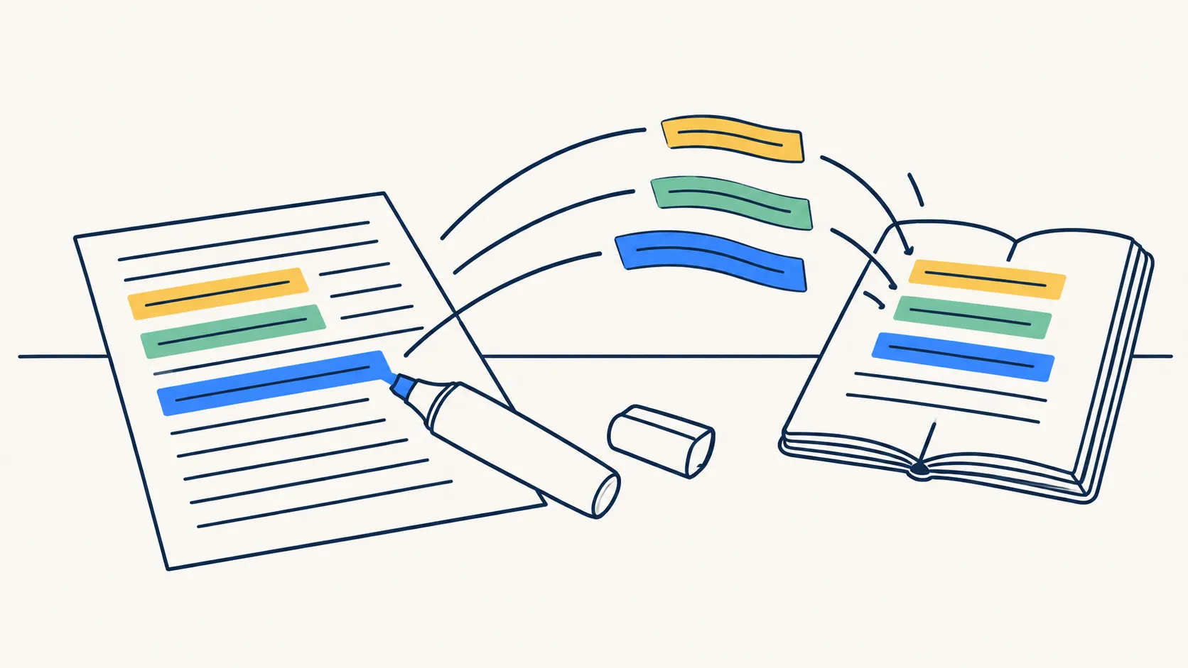 Illustration: three highlighted lines lifting off a page and landing in an open notebook.