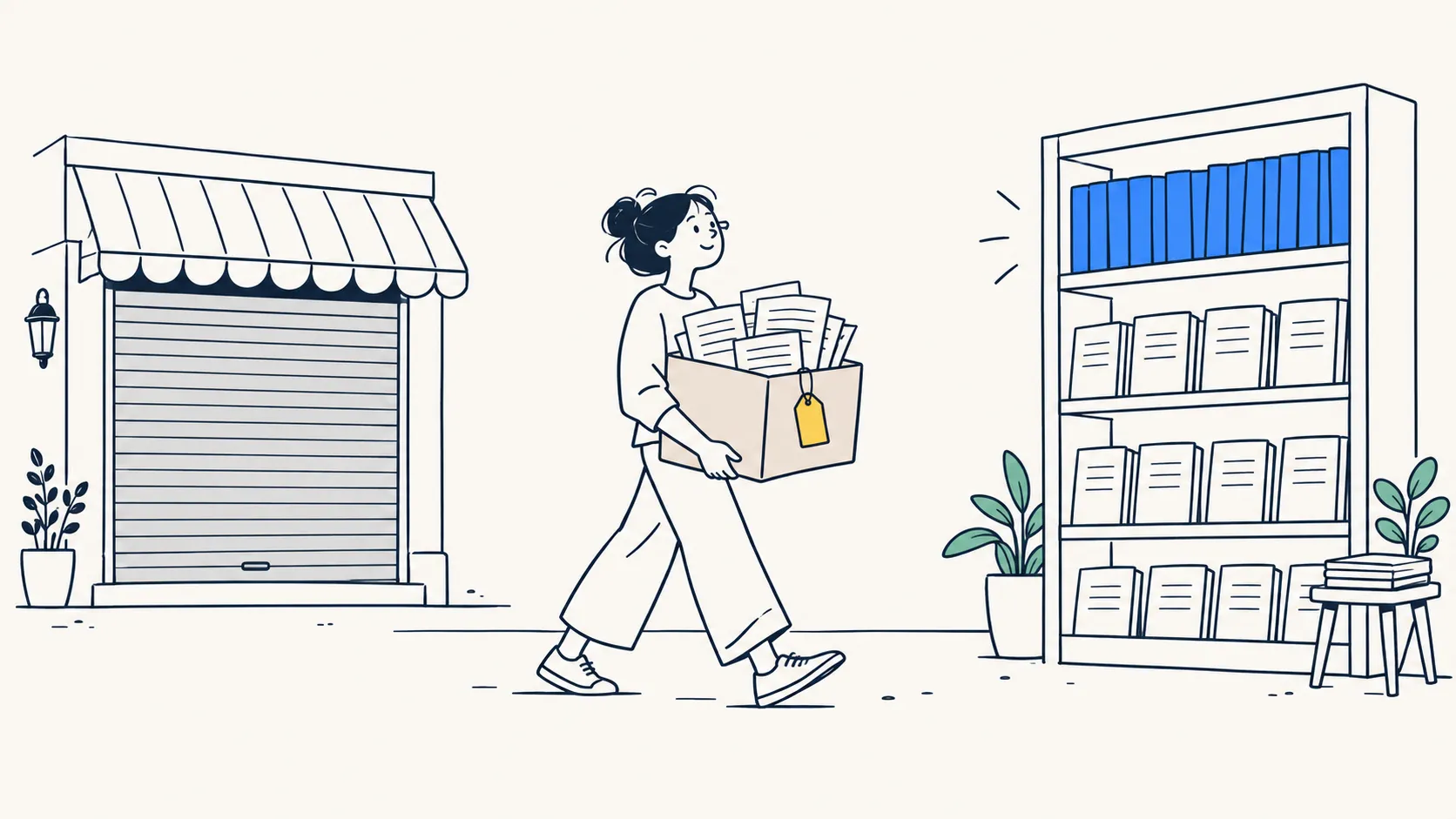 Illustration: a person carrying a box of saved pages away from a shuttered shop toward a bright, full bookshelf.