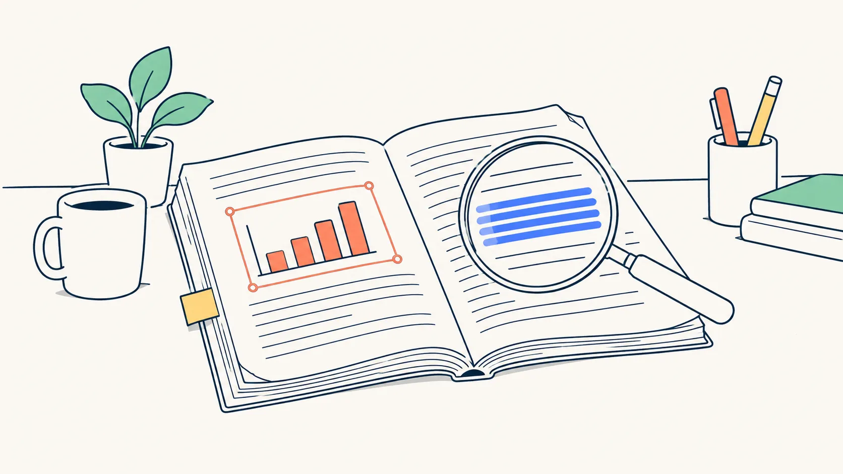Illustration: an open document with a magnifying glass over a highlighted passage and a chart framed for selection.