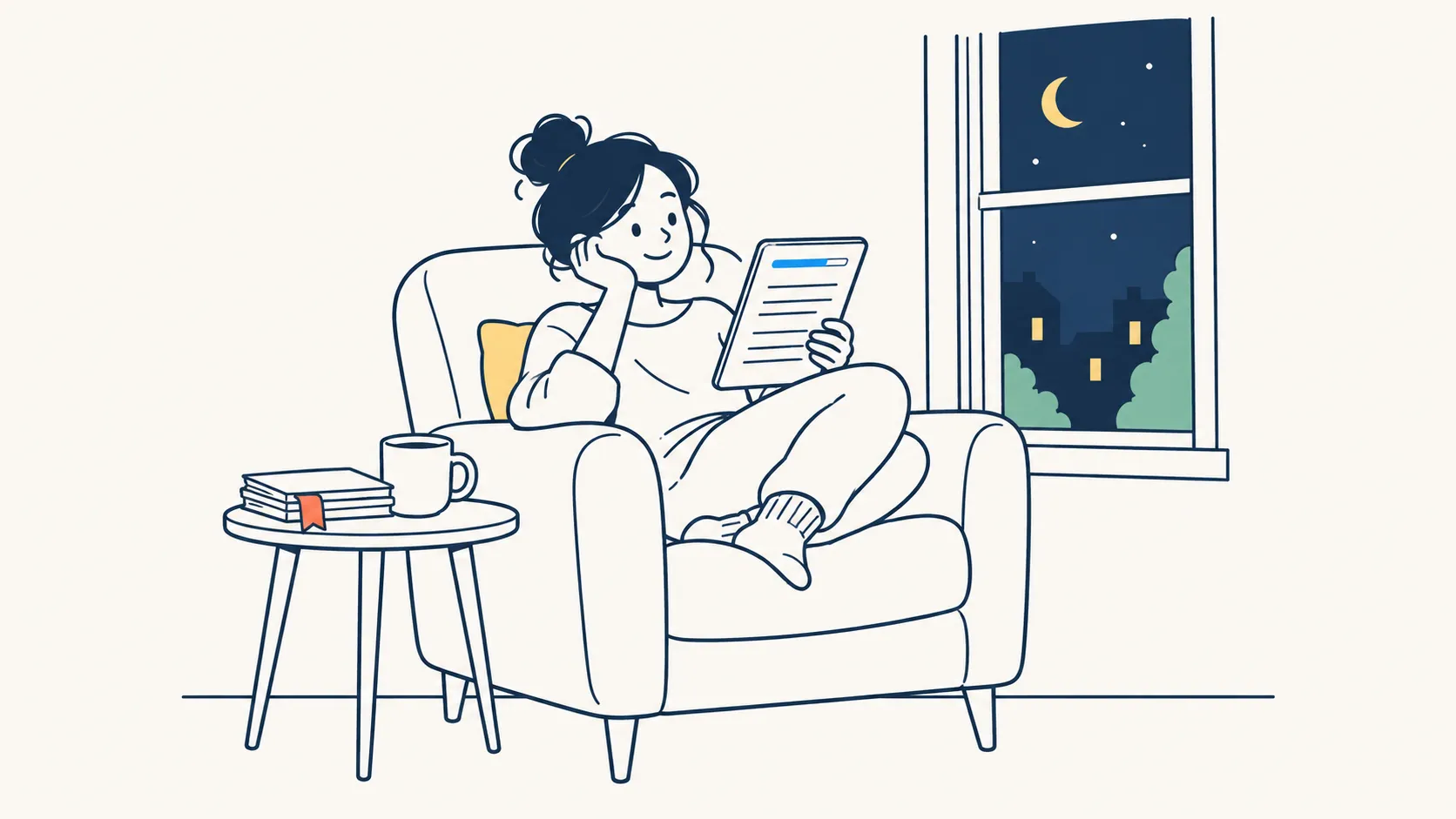 Illustration: someone reading on a tablet in an armchair by a night window, a mug and a stack of pages beside them.