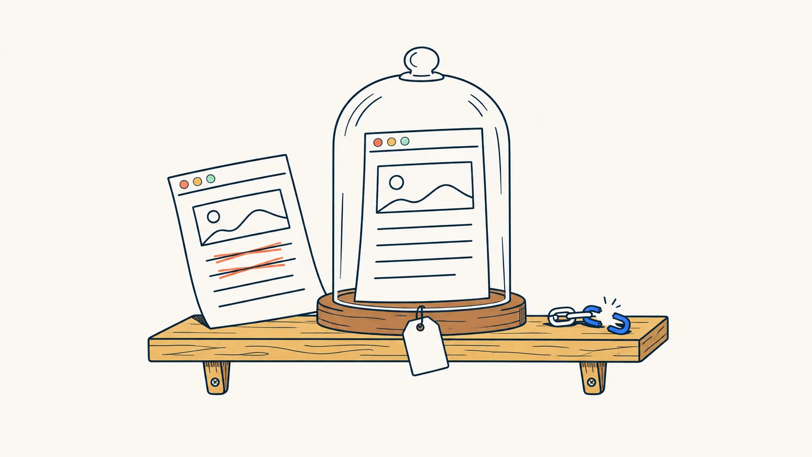 Illustration: a web page preserved under a glass dome on a shelf, an earlier version beside it with lines crossed out, and a broken chain link.
