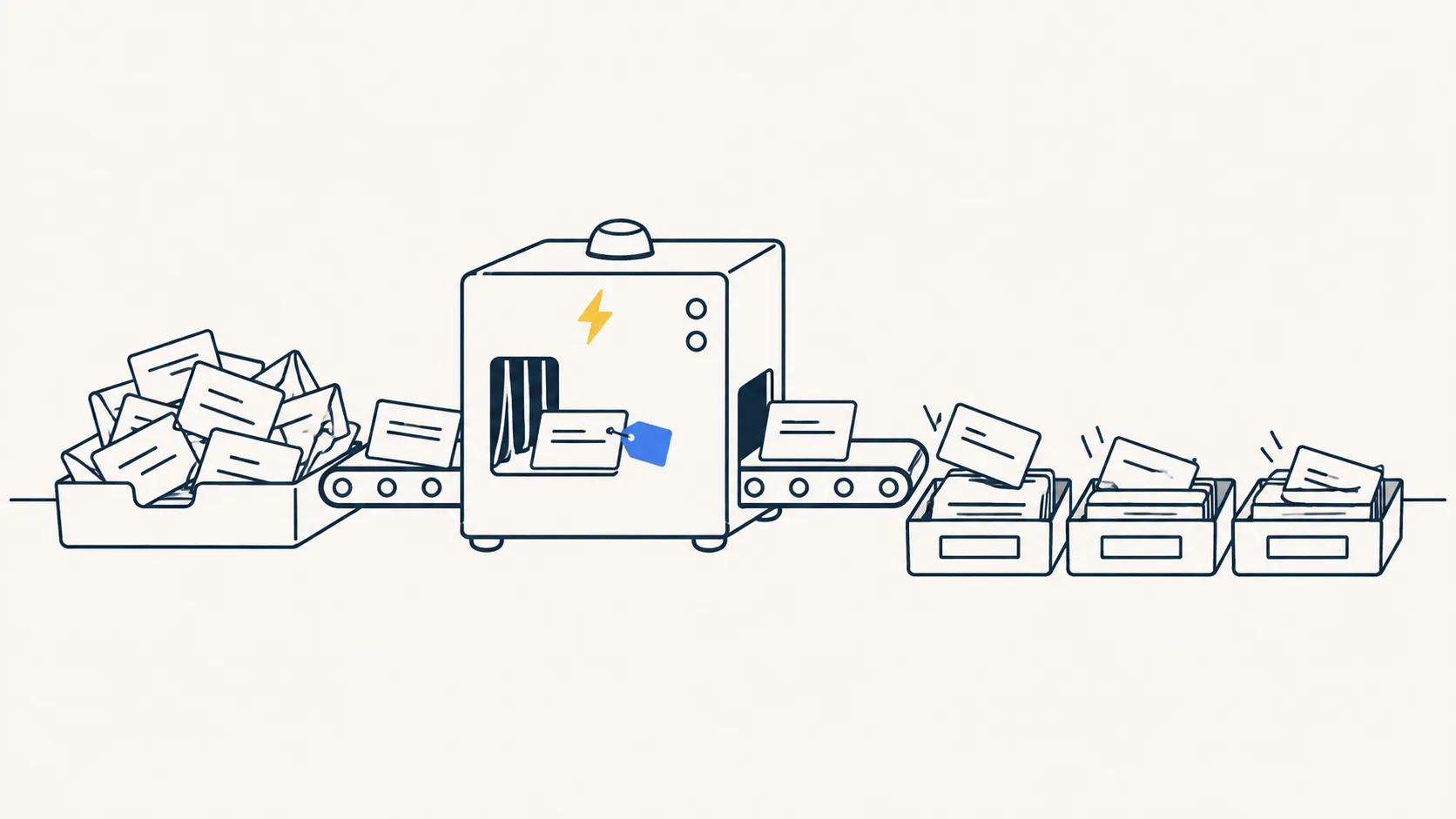 Illustration: a small sorting machine taking a jumble of cards on a conveyor and dropping them neatly into three trays.